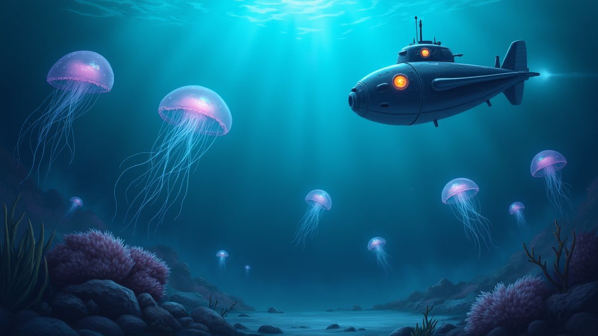 Un submarino rodeado de medusas luminosas bajo el agua.