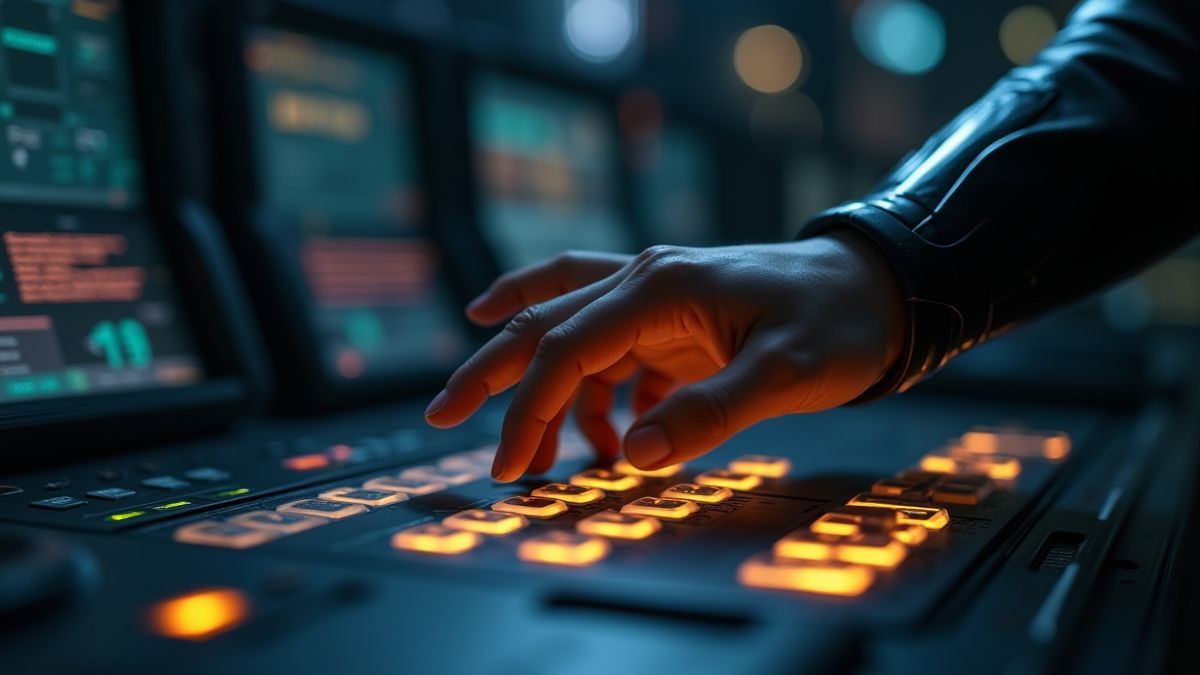Futuristisches Kontrollpanel mit leuchtenden Tasten und einer Hand eines Superhelden.