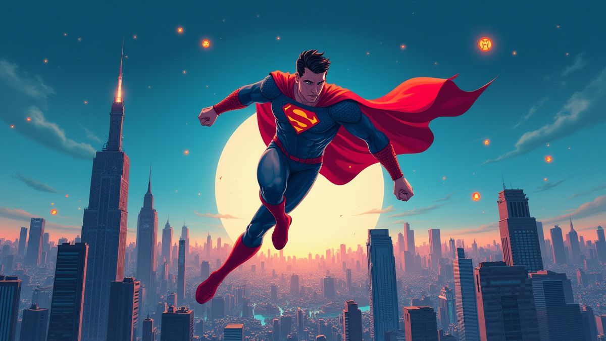Superheld, der über eine futuristische Stadt mit leuchtenden Symbolen fliegt.