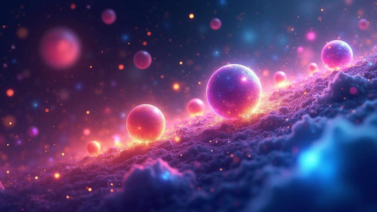 Bolas de energía flotando en el espacio con un fondo galáctico.