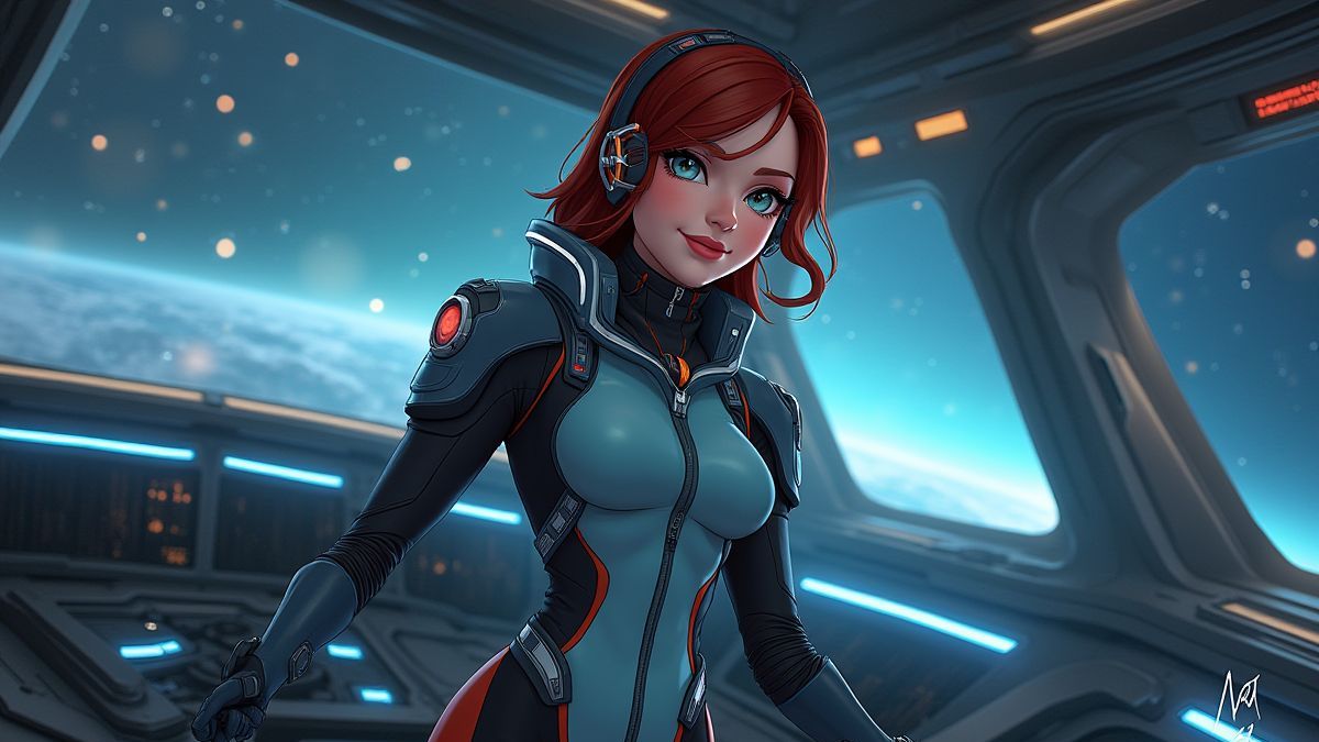 Capitana espacial con traje futurista pilotando su nave.