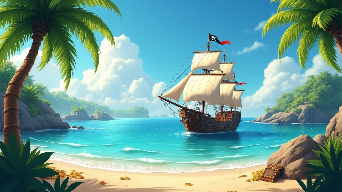 Un barco pirata rodeado de islas tropicales y monedas de tesoro en la arena.
