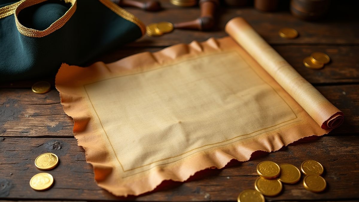 Un mapa del tesoro en una mesa de madera rodeado de monedas de oro y un sombrero pirata.