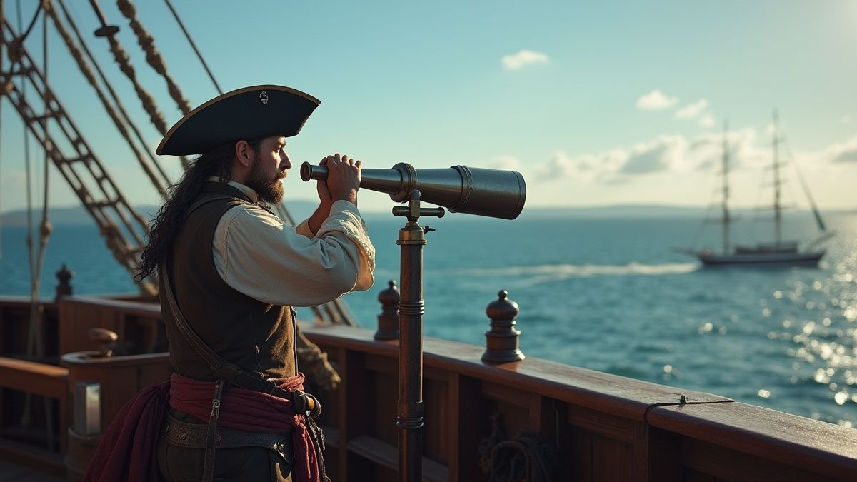 Un pirata con un telescopio mirando el horizonte desde la cubierta de un barco.