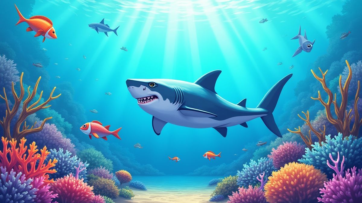 Escena submarina con arrecifes de coral, peces exóticos y un tiburón capitán.