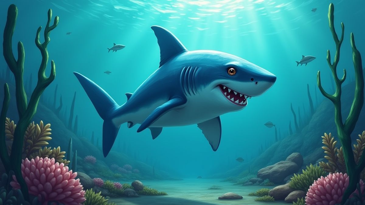 Un tiburón amistoso guiando a los jugadores en busca de tesoros submarinos.