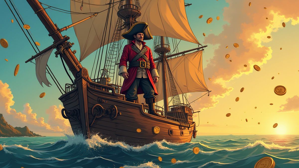 Capitán pirata en su barco con monedas de oro cayendo a su alrededor.