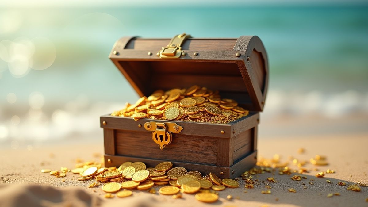 Cofre del tesoro lleno de monedas de oro en una playa de arena.