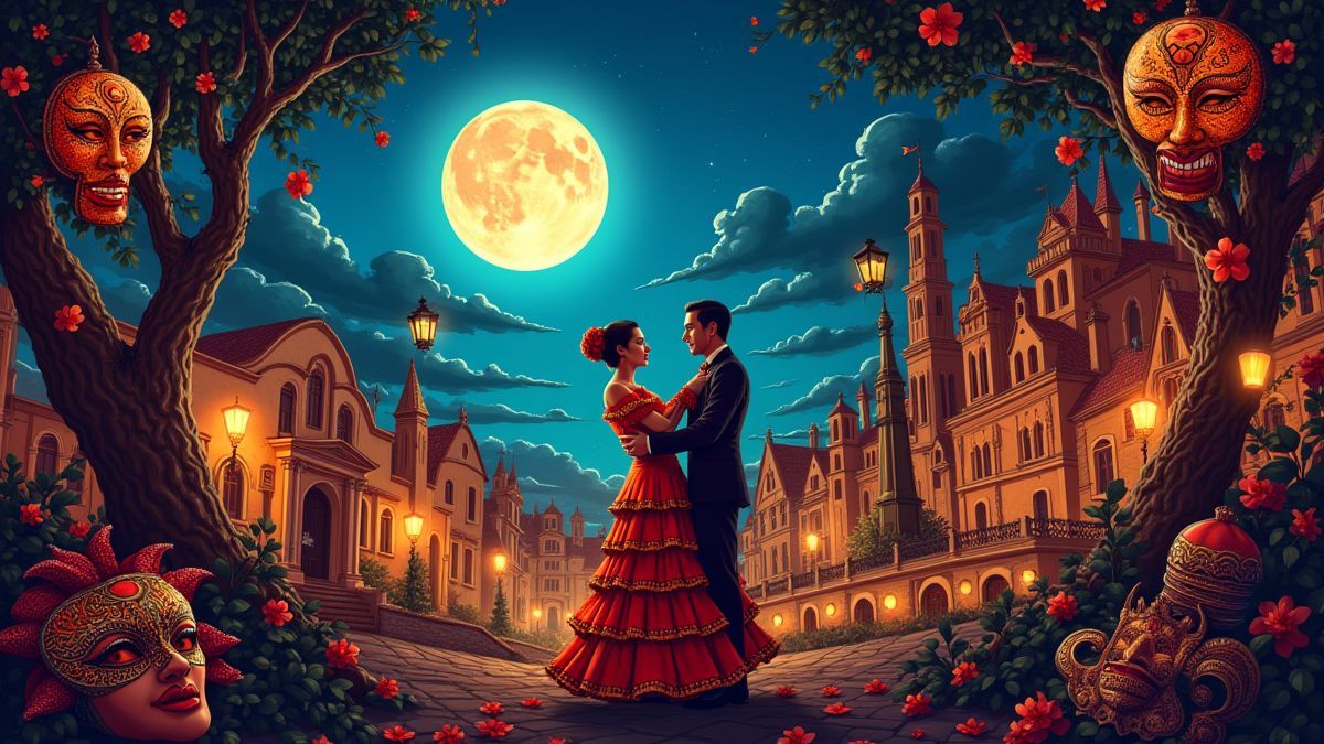 Kulturelle Elemente Spaniens unter einem mondbeschienenen Himmel.
