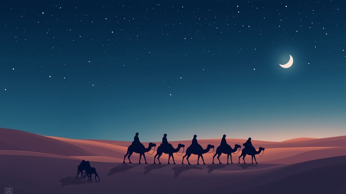 Caravan crossing the desert under a starry sky.