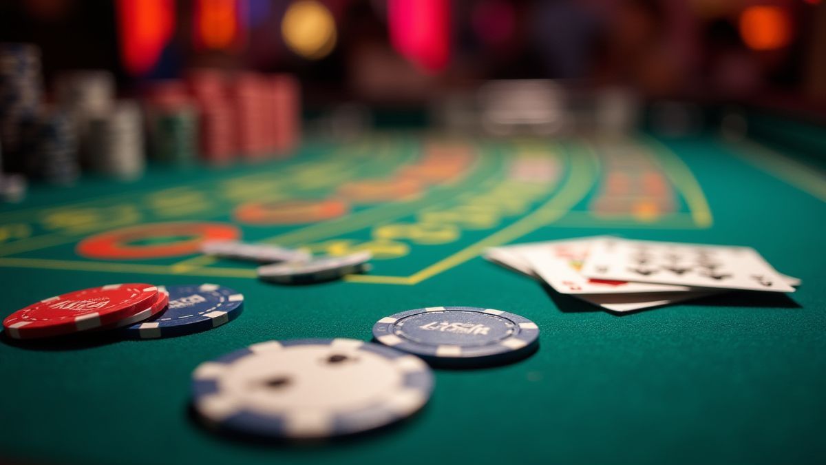 A casino table filled with cards and chips under soft lighting.
