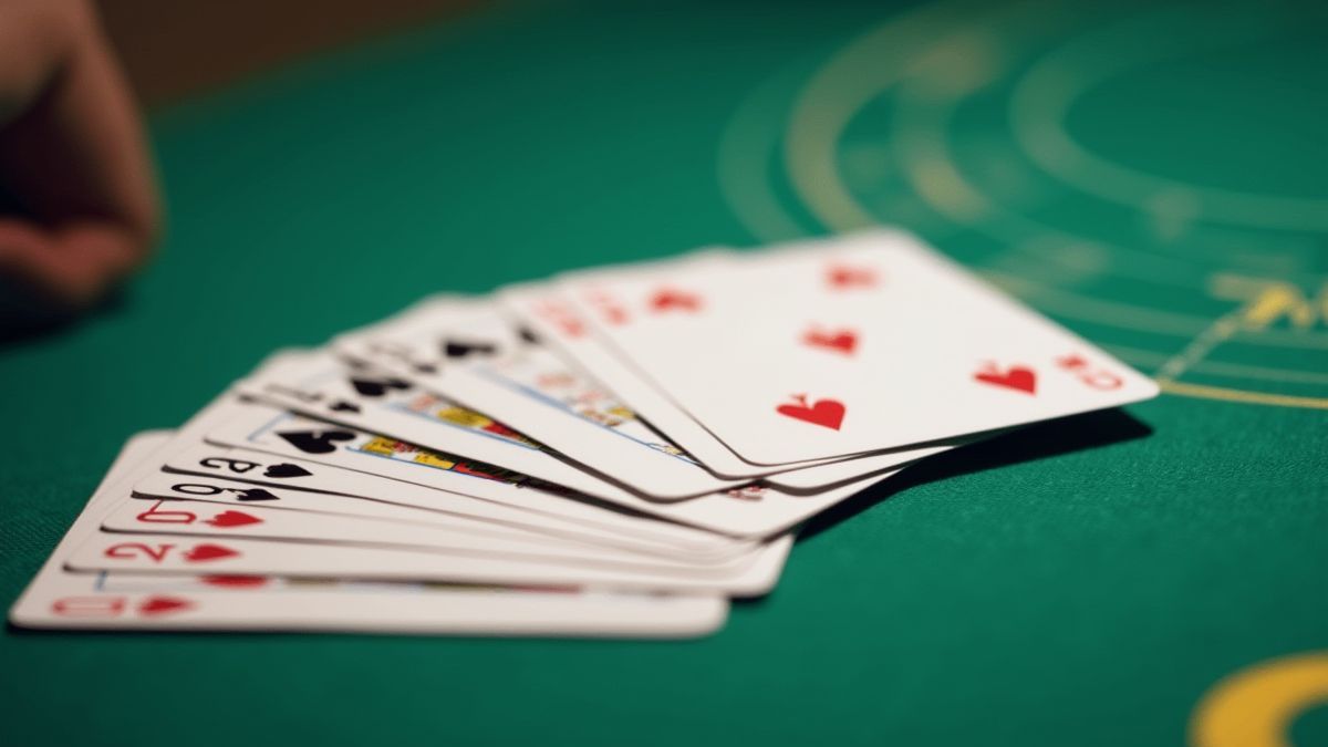 Playing cards fanned out on a green casino table.