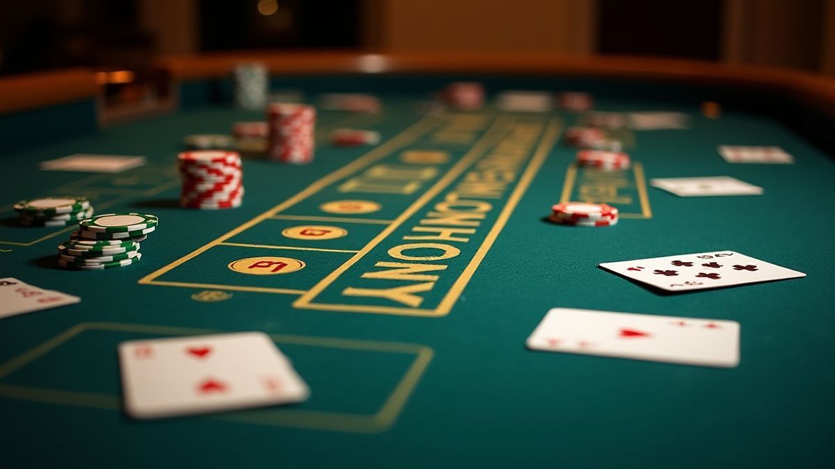 Casino table with cards and organized chips.