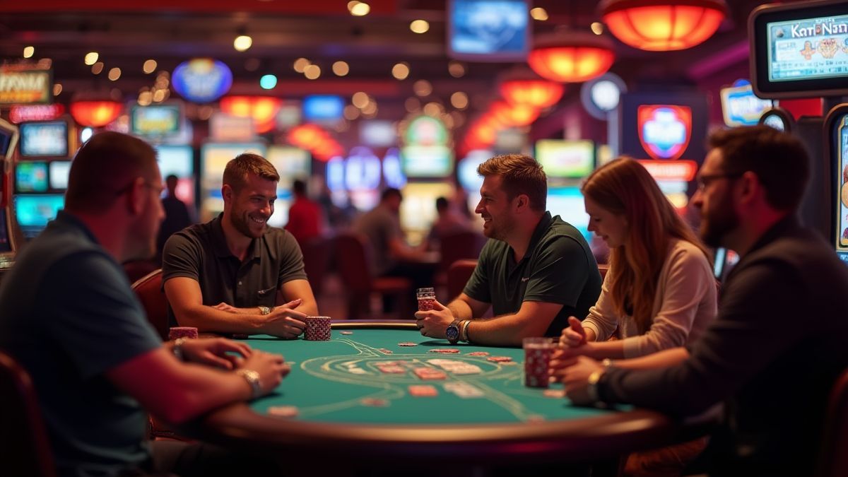 Lively casino environment with players at gaming tables.