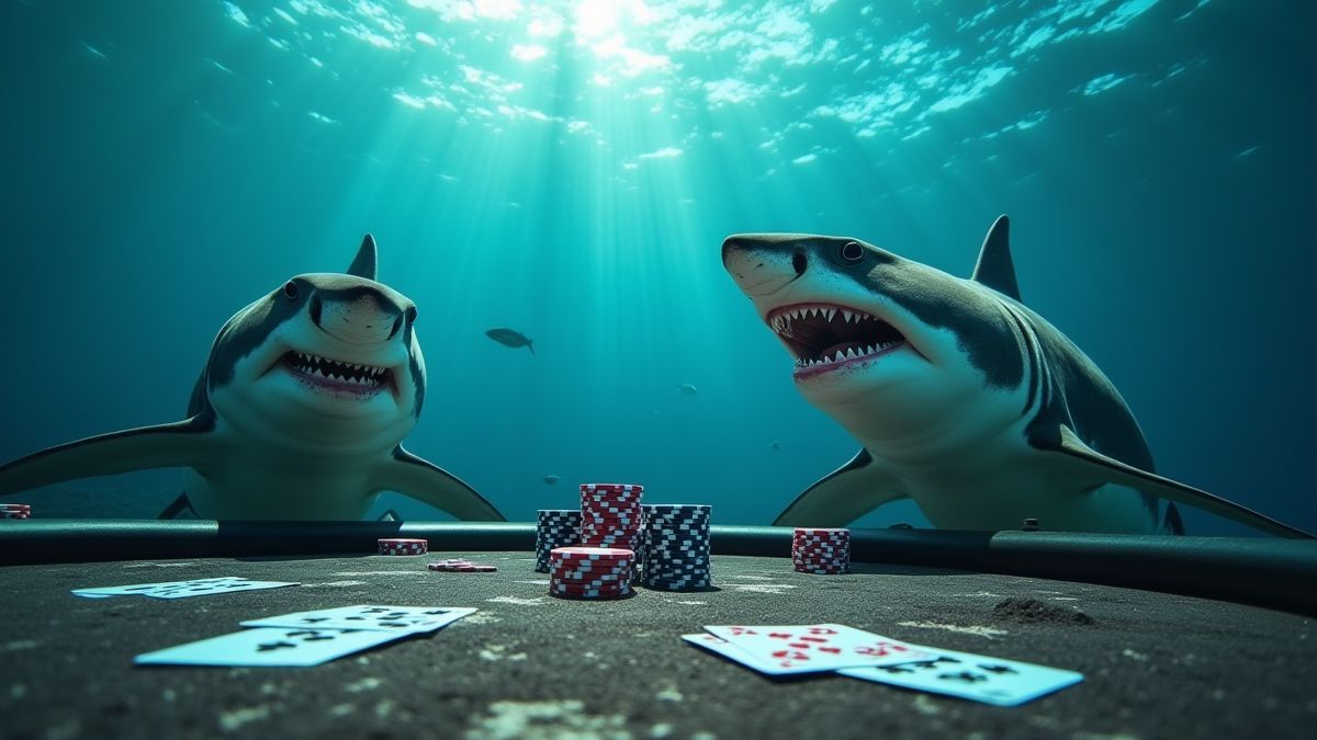 Haaien die poker spelen onderwater.