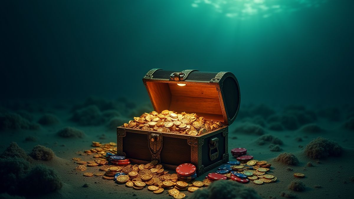 Een kist vol goud en pokerfiches op de bodem van de oceaan.