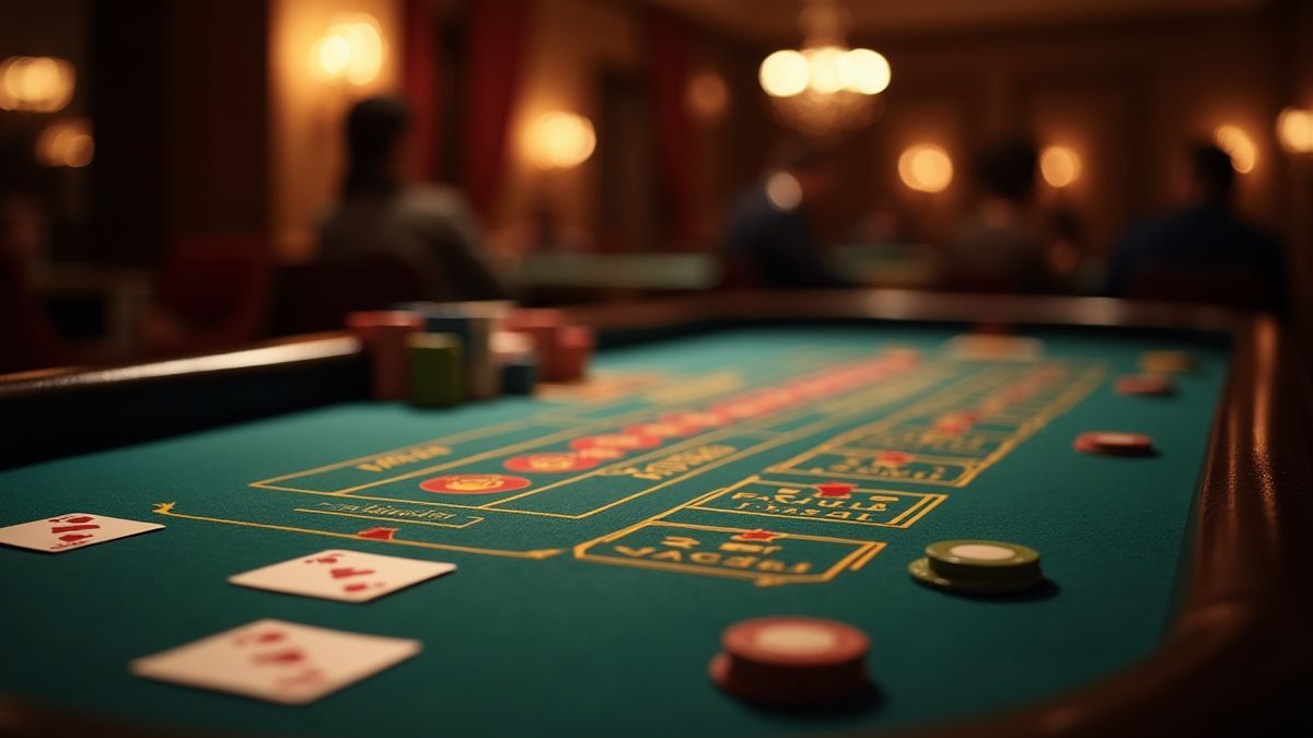Mesa de casino con cartas y fichas bajo iluminación suave