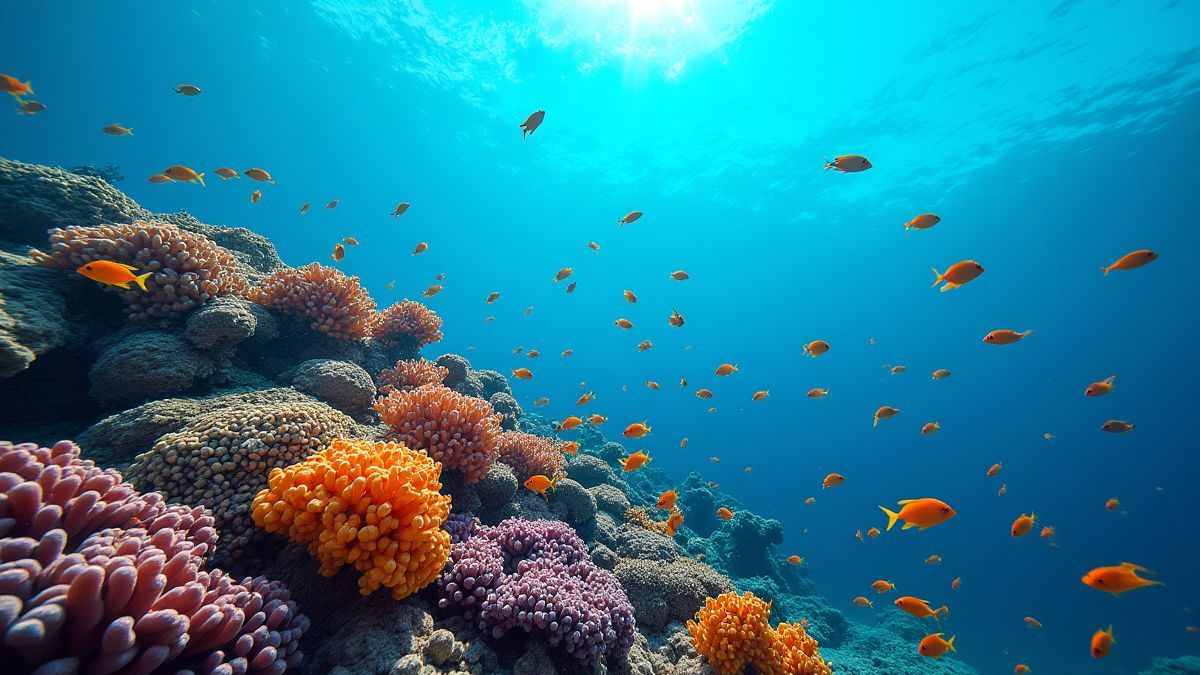 Recife de coral submarino com peixes tropicais nadando.