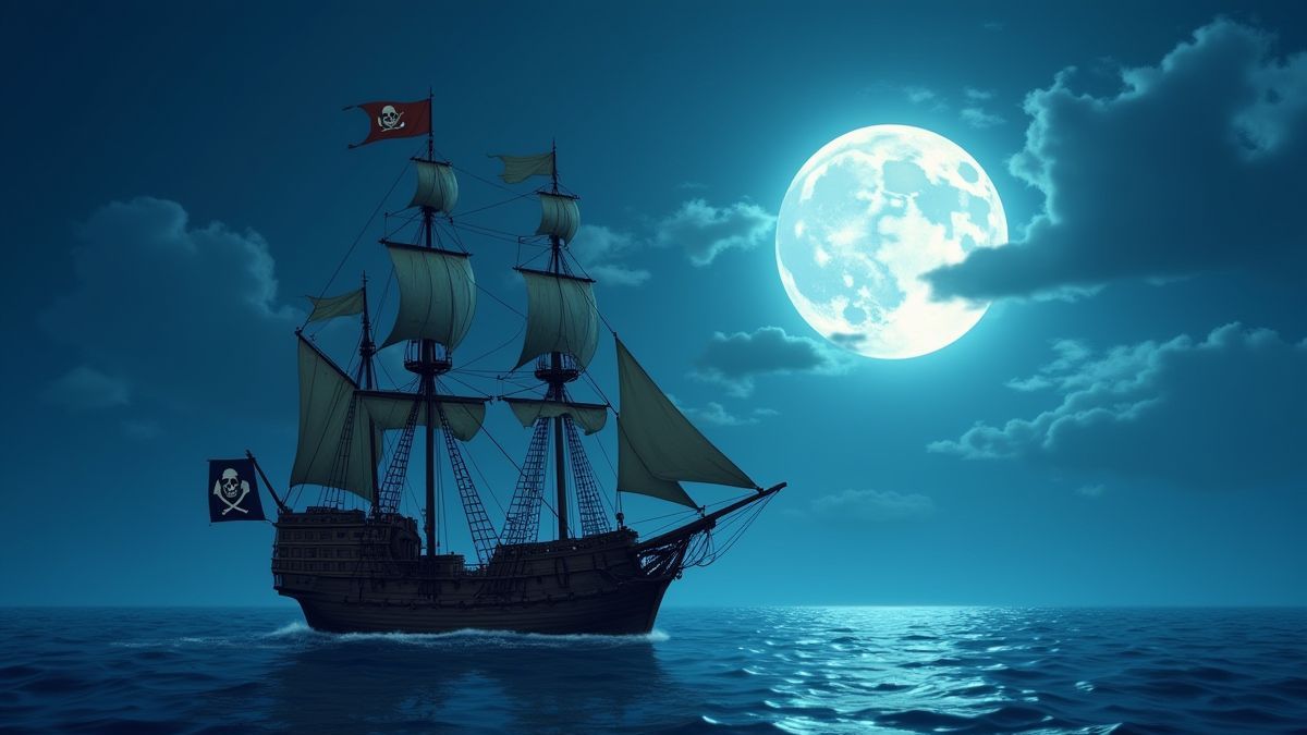 Un bateau pirate naviguant sous la lumière de la lune.