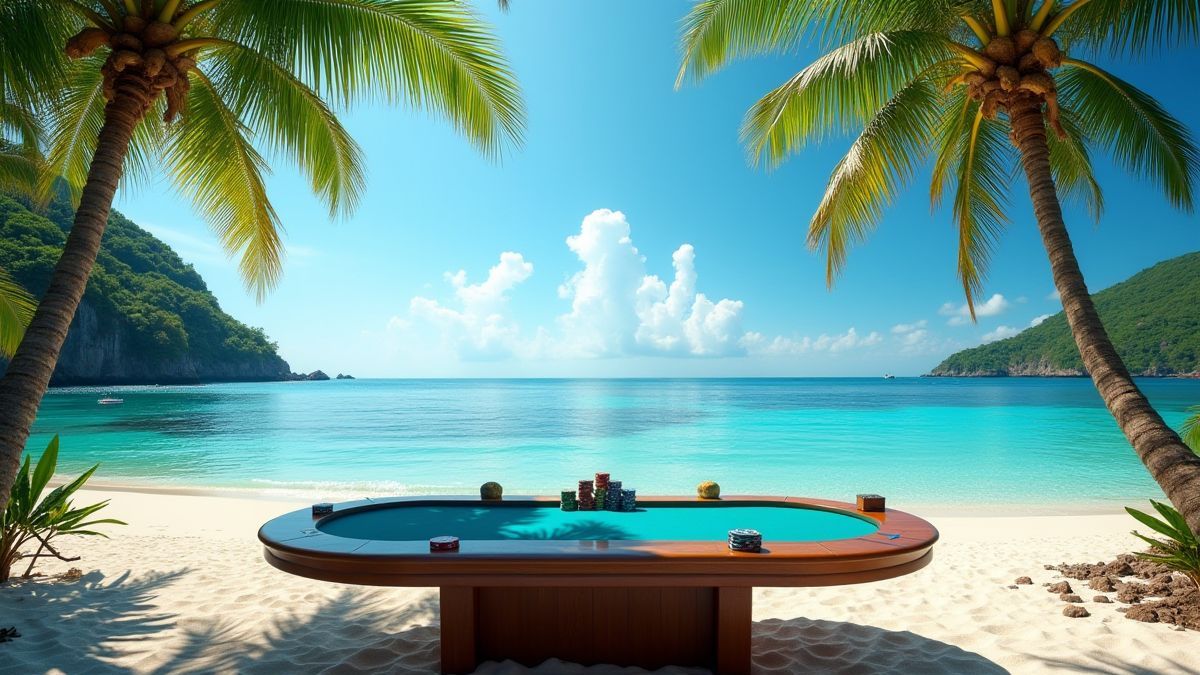 Pokertafel op een tropisch strand met palmbomen en koraalriffen op de achtergrond.