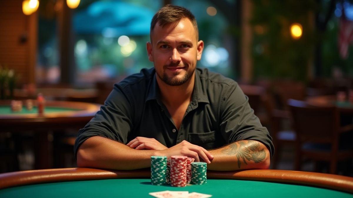 Pokerspeler aan een tropische tafel met fiches en kaarten, er zelfverzekerd uitziend.