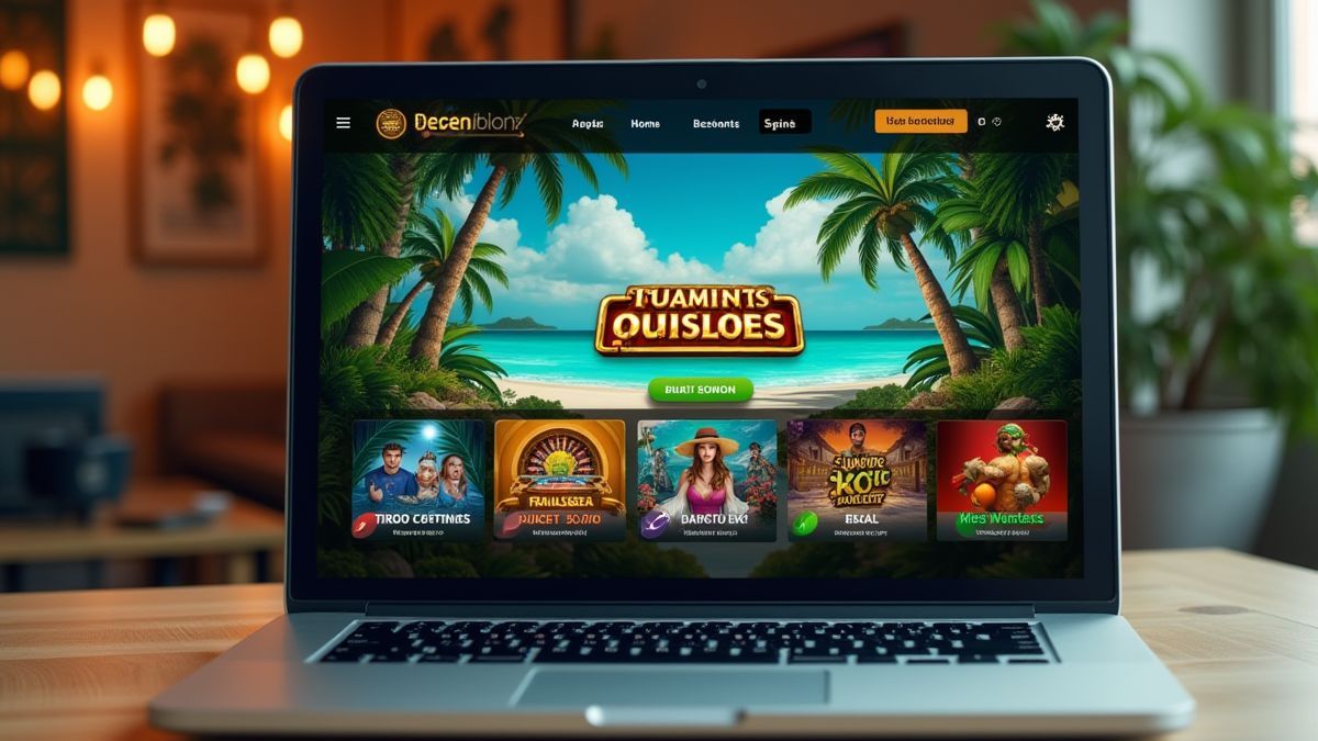 Tropisch thema online casino interface op een laptopscherm.