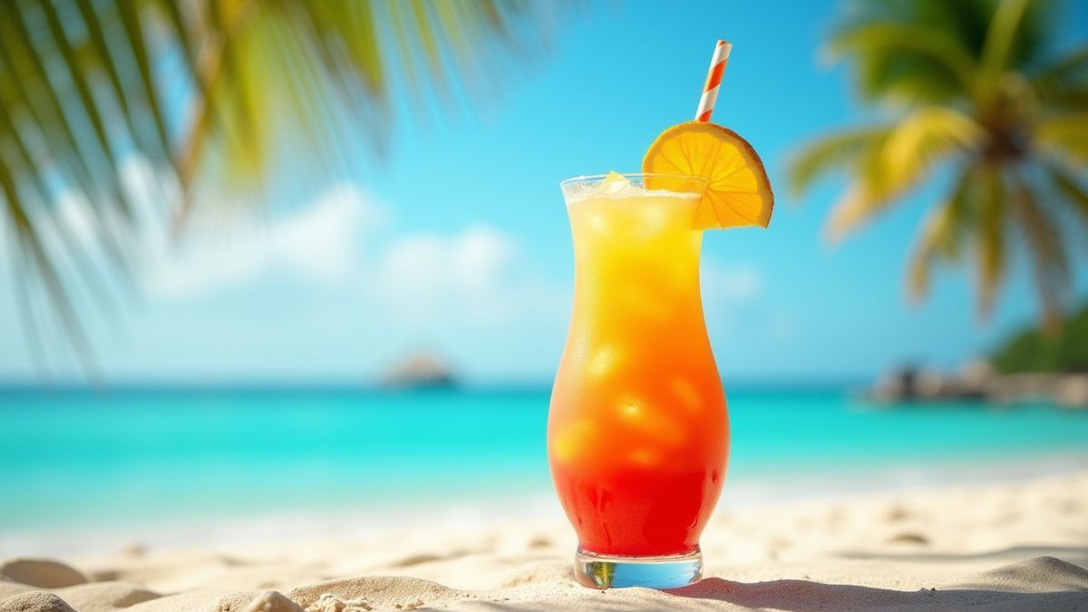Ein tropischer Cocktail an einem Strand umgeben von Palmen und kristallklarem Wasser.
