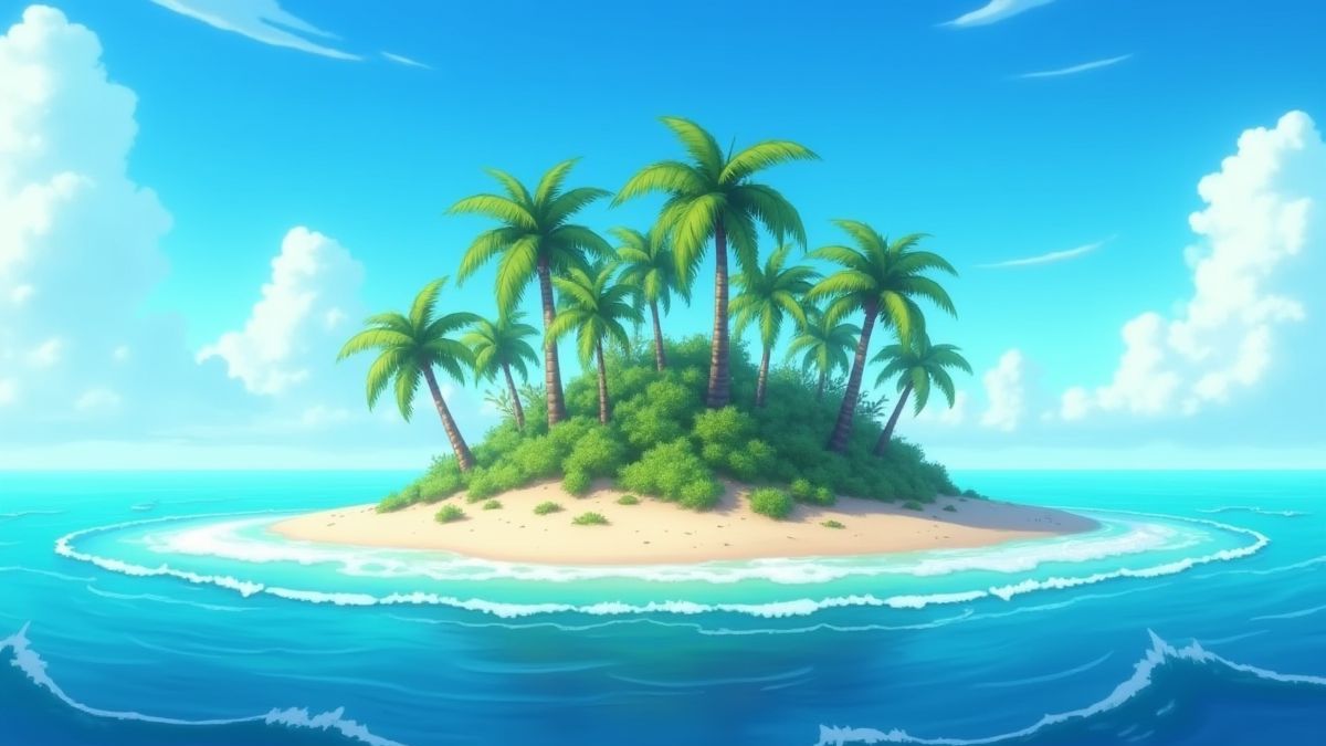 Eine animierte tropische Insel mit sich wiegenden Palmen und Wellen, die am Ufer brechen.