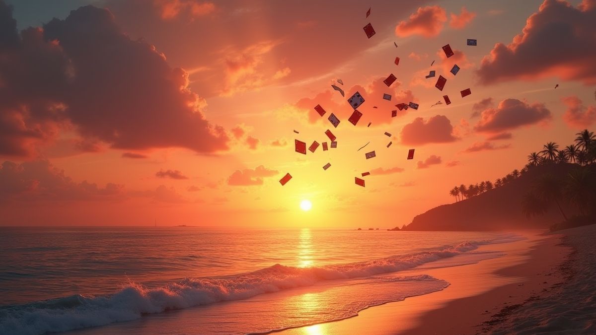 Puesta de sol en el Caribe con cartas de pôker flotando en el aire.