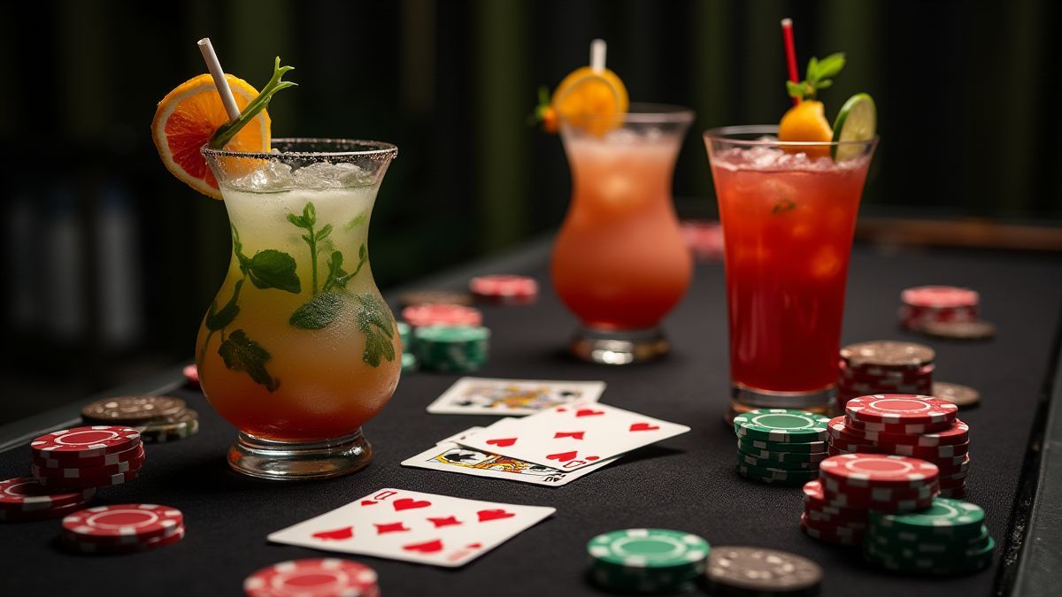 Mesa de pôker com fichas, cartas e bebidas tropicais.