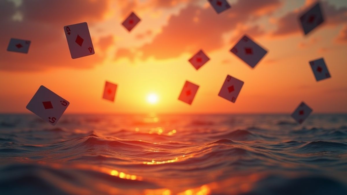 Sunset over the ocean with poker cards floating.