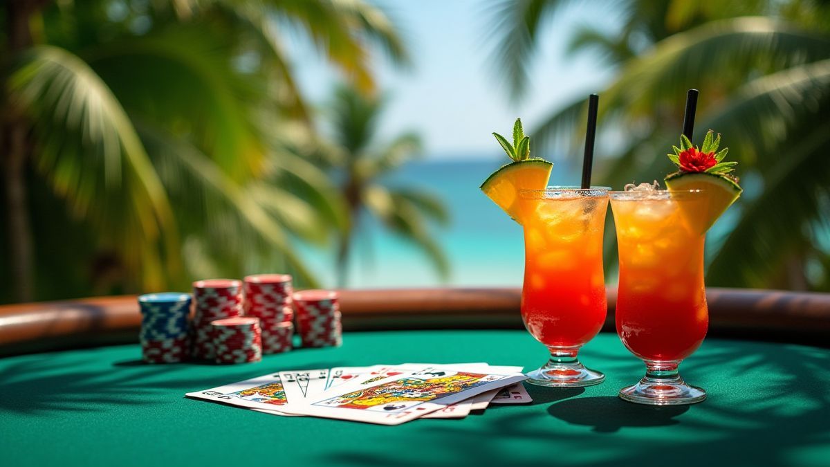 Mesa de póker rodeada de palmeras con bebidas tropicales y fichas de colores.