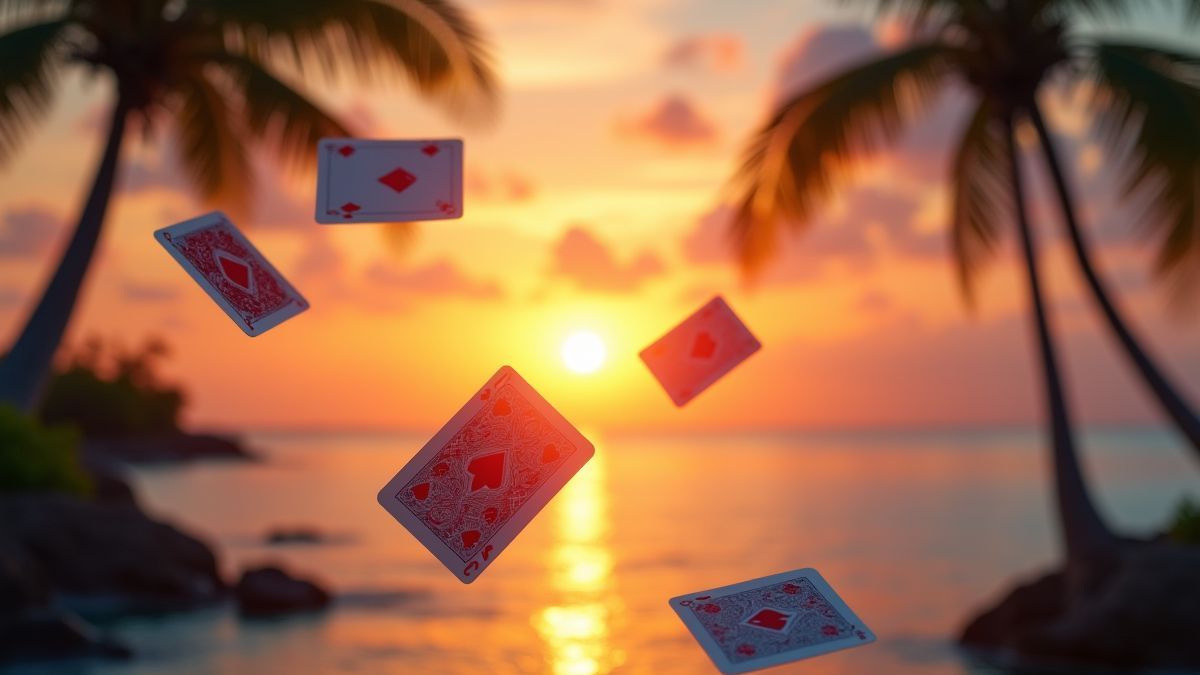 Atardecer caribeño con cartas de póker flotando en el aire.