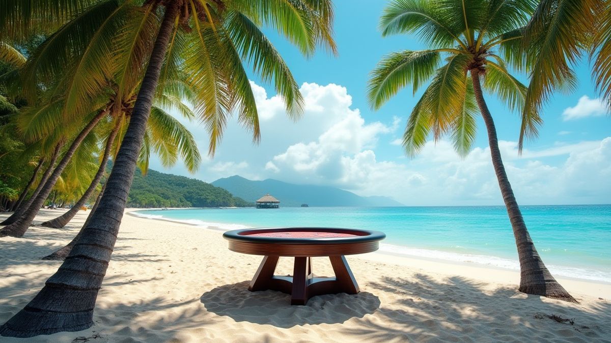 Playa tropical com palmeiras e uma mesa de pôquer na areia.