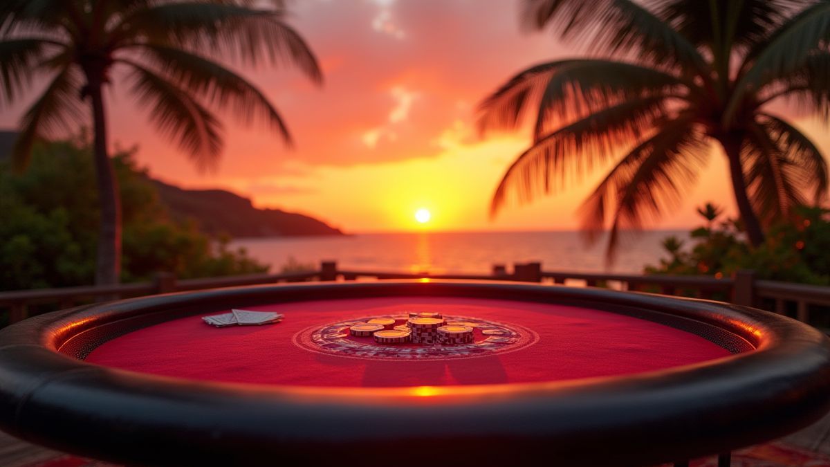 Mesa de pôquer tropical iluminada pelo pôr do sol.