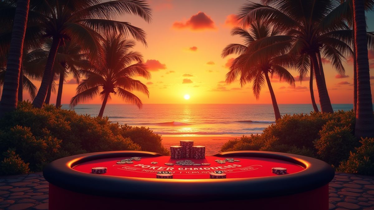 Mesa de póker rodeada de palmeras tropicales al atardecer.