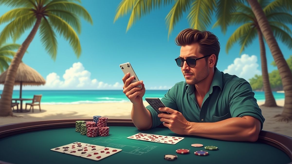 Jugador calculando probabilidades de póker con una playa tropical de fondo.