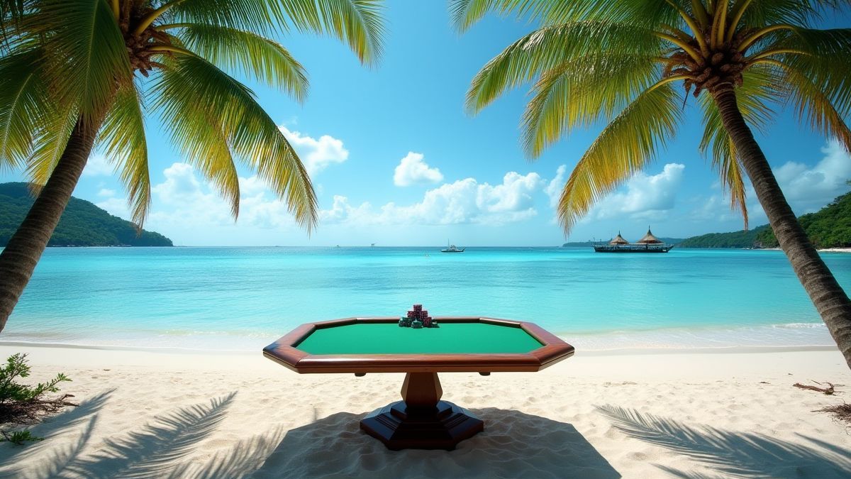 Pokertafel op een tropisch strand met kristalhelder water en weelderige palmbomen.