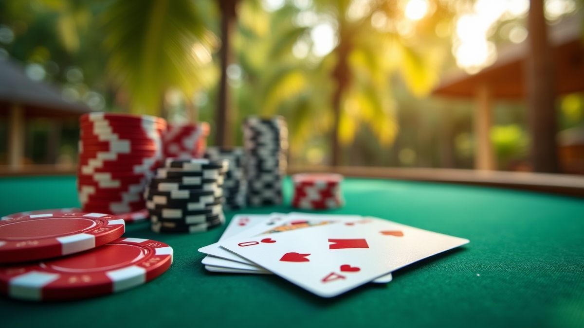 Pokercards en fiches op een tropisch thema tafel.