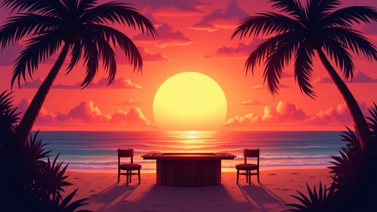 Geanimeerde Caraïbische zonsondergang met silhouetten van palmbomen en een pokertafel op het zand.