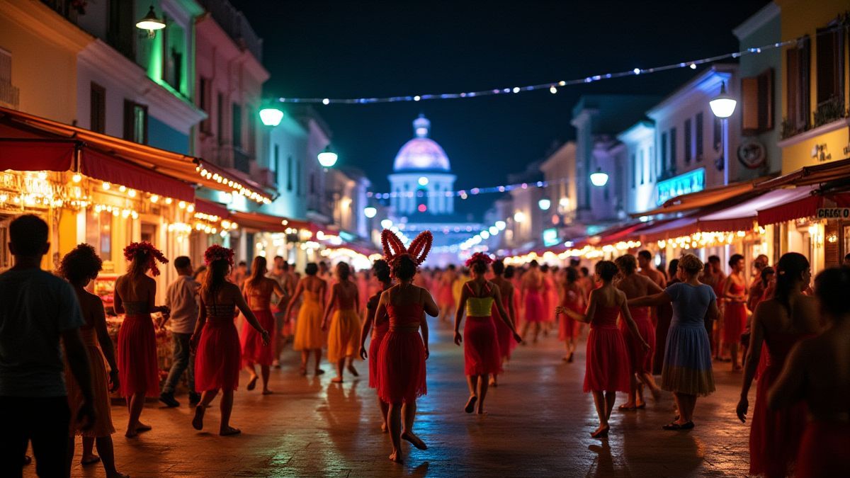 Night carnival scene with lights and dancers in colorful outfits.