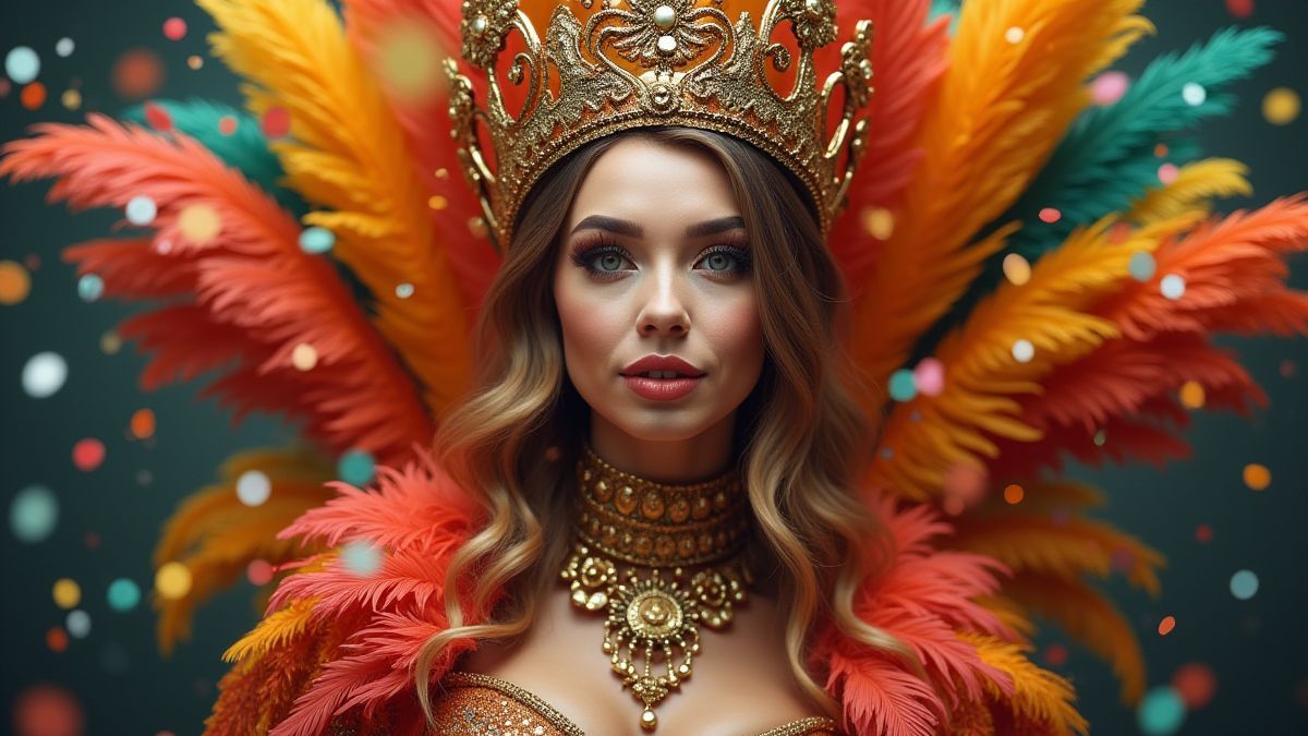 Carnival queen with a crown and vibrant feathers.