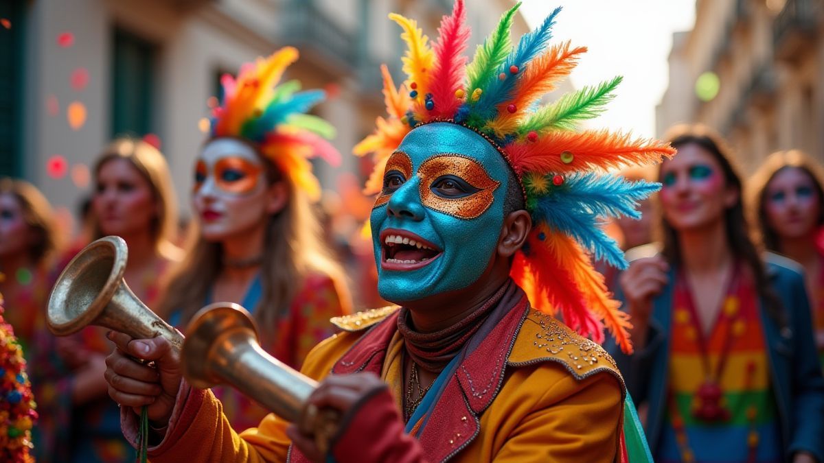 Un desfile de carnaval lleno de máscaras y confeti.