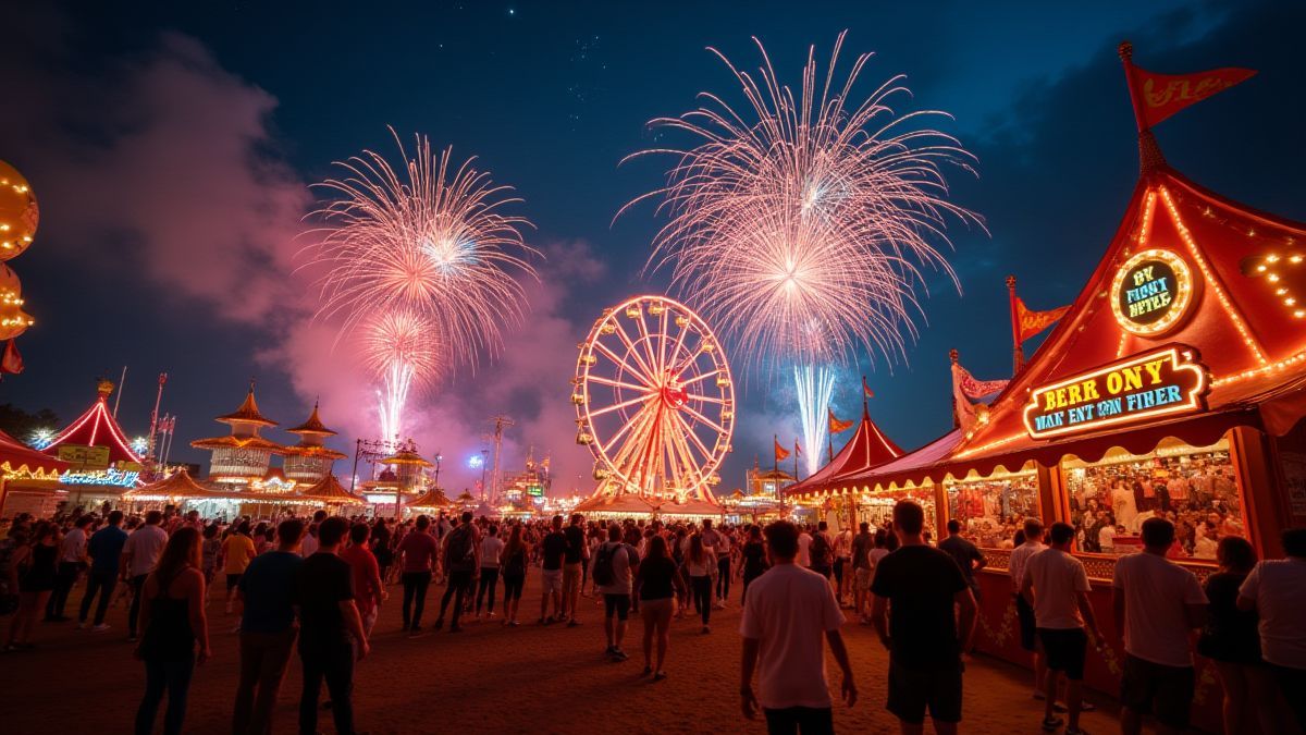 Un carnaval divertido lleno de fuegos artificiales y luces brillantes.