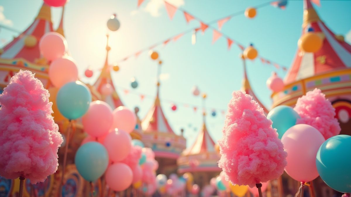 Escena de carnaval con globos y algodón de azúcar.