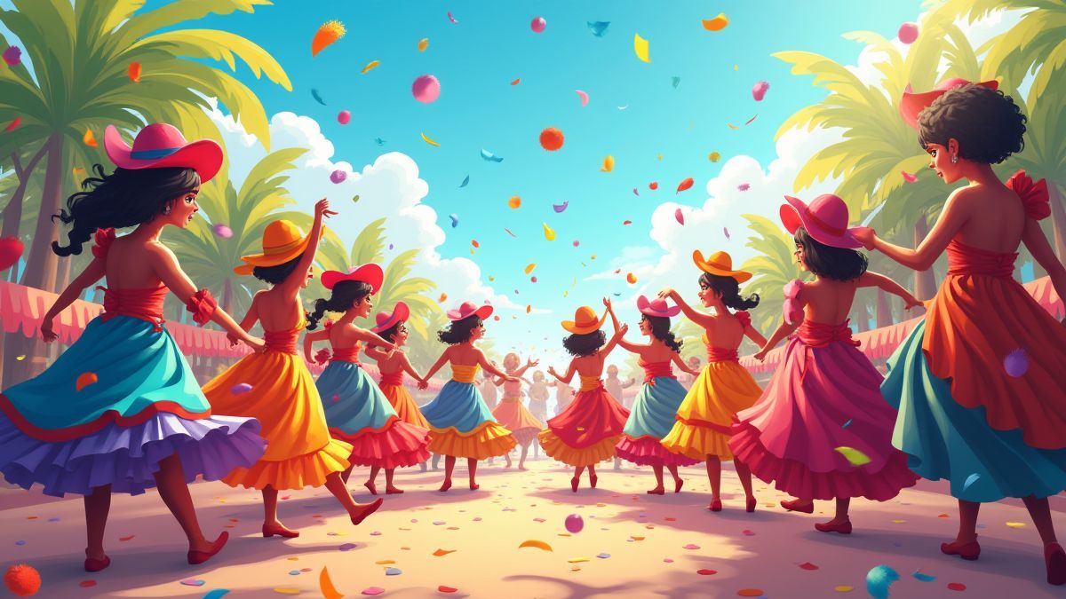 Carnival parade with dancers and confetti.
