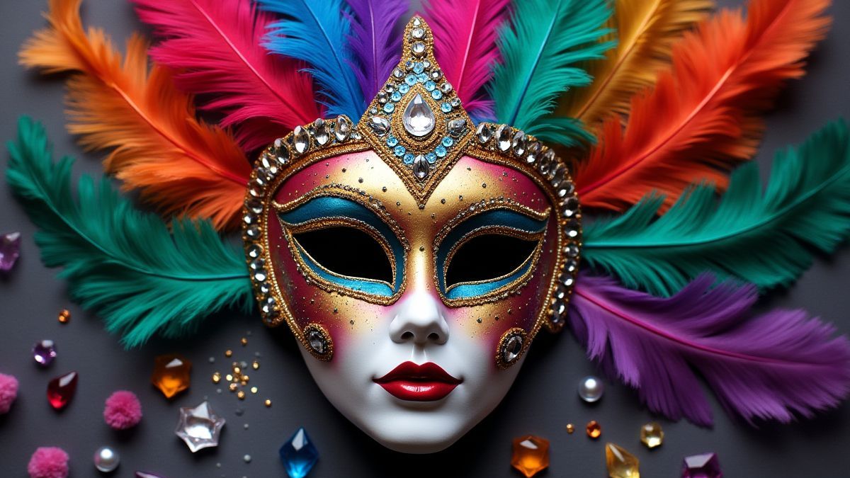 Carnival mask surrounded by feathers and jewels.