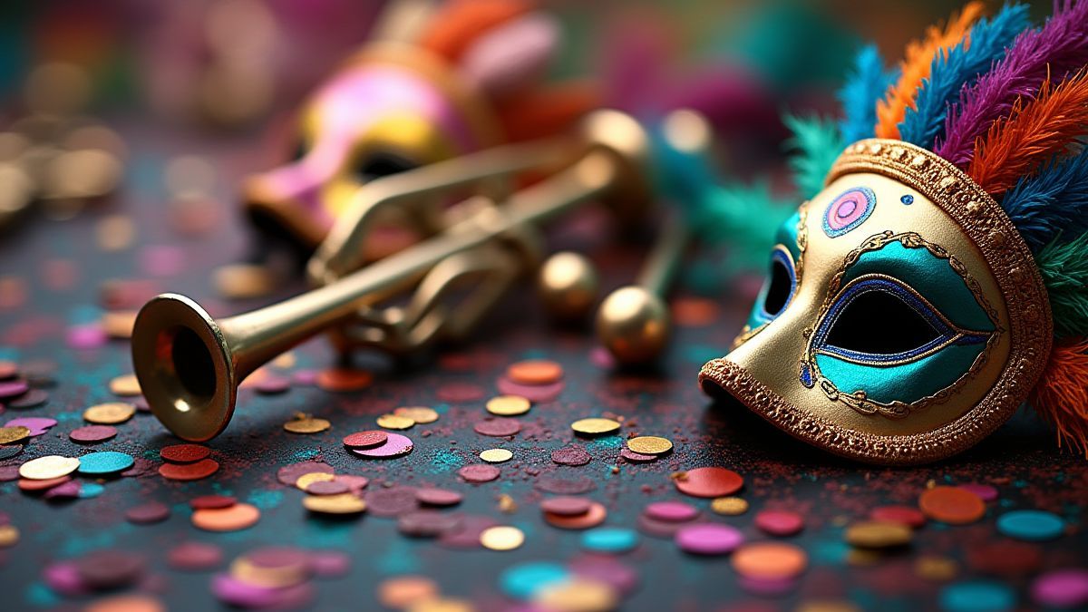 Máscaras e instrumentos musicais em um carnaval cheio de cores.