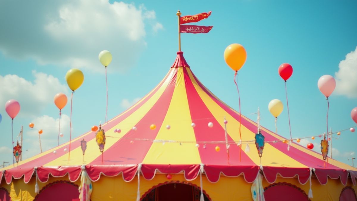 Colorful circus tent with balloons in the air.