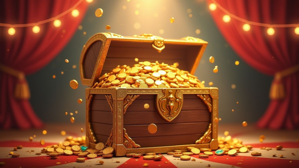 Golden chest filled with coins and gems in a circus environment.